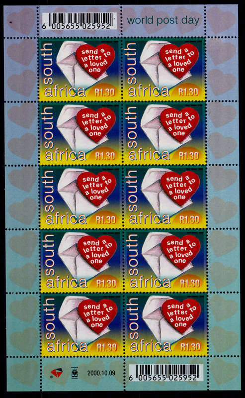 RSA 2000, 9 Oct. WORLD POST DAY, sheetlet, MNH, CV R 150.00, view scans