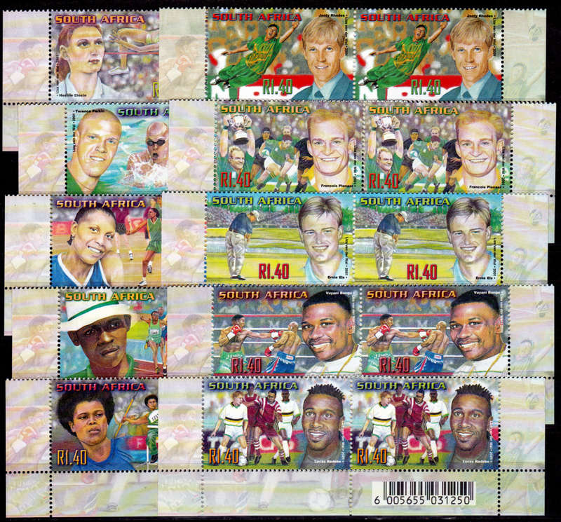 RSA 2001, 28 Feb. SA SPORTING HEROES, set pairs, MNH, CV R 320.00, view scans