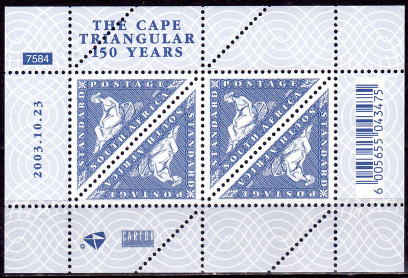 RSA 2003, 23 Oct. 150th ANNIV CAPE TRIANGULAR STAMPS, minisheet, MNH, CV R 130.00 view scans