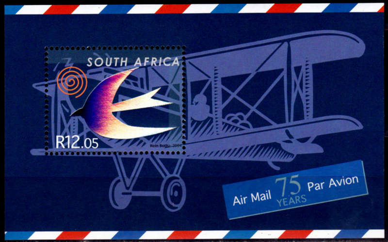 RSA 2004, 9 Oct. 75 YEARS AIR MAIL SERVICES, minisheet, MNH, CV R 150.00 view scans