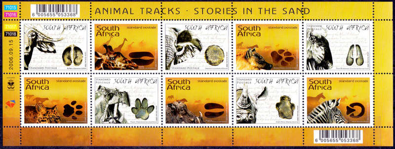 RSA 2006, 15 Sept. ANIMAL TRACKS - STORIES IN THE SAND, sheetlet, MNH, CV R 220.00 view scans