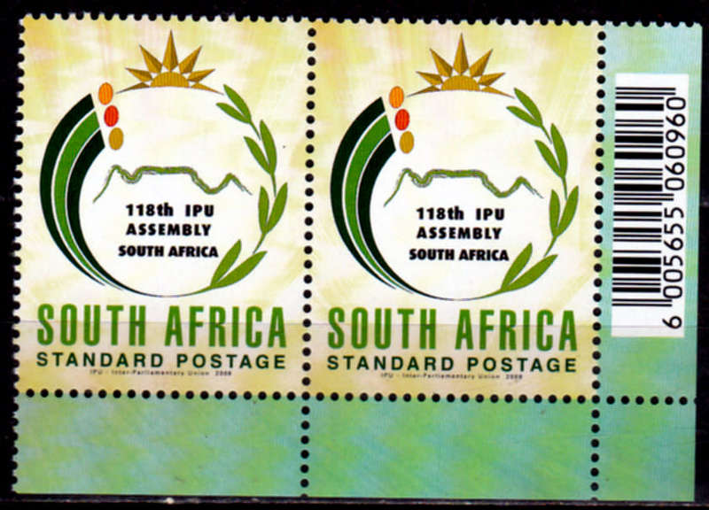RSA 2008, 13 April. 118th INTER-PARLIAMENTARY UNION ASSEMBLY, single pair, MNH CV R 40.00 view scans