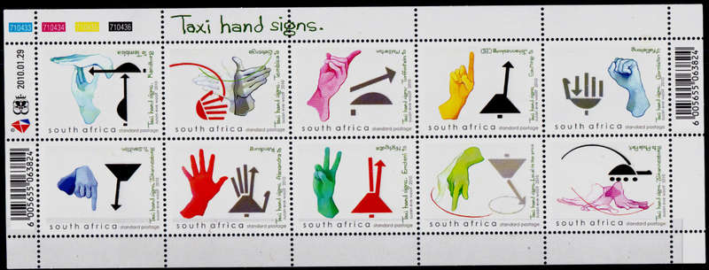 RSA 2010, 29 Jan. TAXI HANDSIGNS, sheetlet, MNH, CV R 250.00 view scans