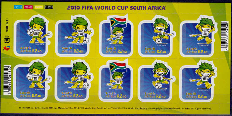 RSA 2010, 11 June. FOOTBALL WORLD CUP SA, sheetlet, MNH, CV R 220.00 view scans