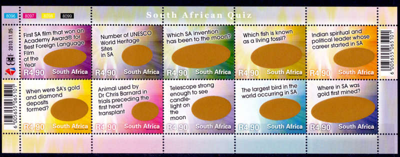 RSA 2010, 5 Nov. SOUTH AFRICAN QUIZ, sheetlet, MNH, CV R 450.00 view scans