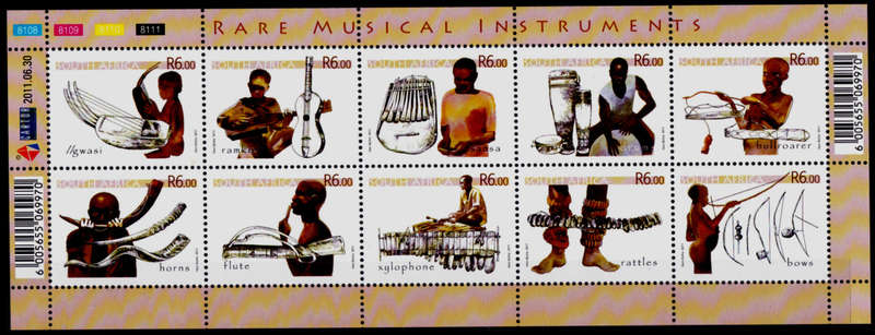 RSA 2011, 30 June. RARE MUSICAL INSTRUMENTS, sheetlet, MNH, CV R 450.00 view scans