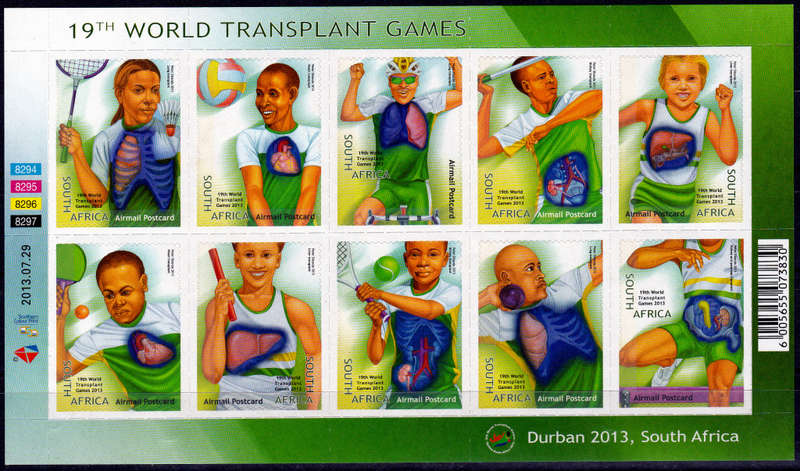 RSA 2013, 29 July. 19th WORLD TRANSPLANT GAMES, sheetlet, MNH, CV R 500.00 view scans