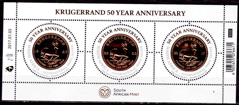 RSA 2017, 3 Jan. 50th ANNIV KRUGERRAND , sheetlet, MNH, CV R 220.00 view scans