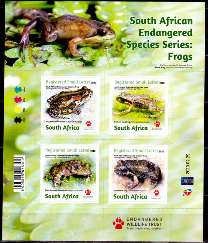 RSA 2020, 29 Feb. SA ENDANGERED FROGS, minisheet, MNH, CV R 850.00 view scans