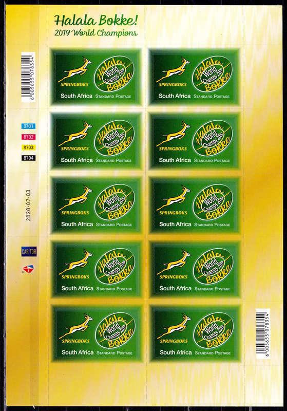 RSA 2020, 3 July. RUGBY WORLD CHAMPIONS, sheetlet, MNH, CV R 350.00 view scans