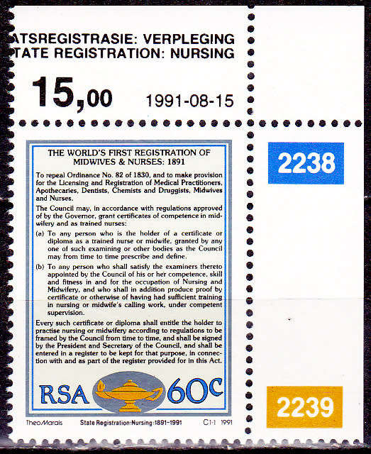 RSA 1991, 15 Aug. STATE REGISTRATION NURSES AND MIDWIVES, single, MNH, CV R 2.50 view scans
