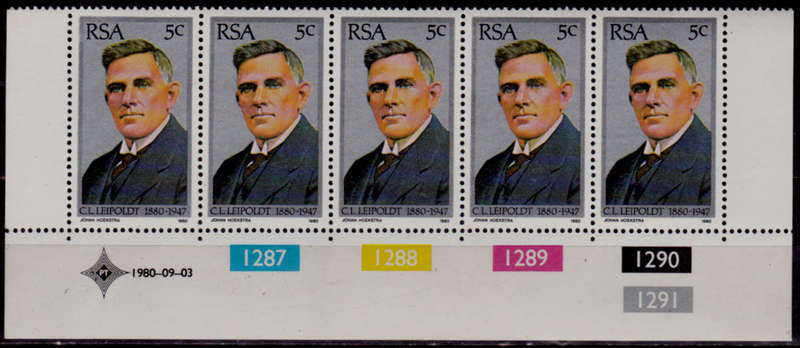 RSA 1980, 3 Sept. 100th ANNIV BIRTH CJ LEIPOLDT, control, MNH, CV R 5.00 view scans