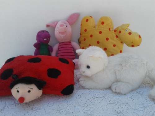 Lot of 4 medium soft toys and a small Barney