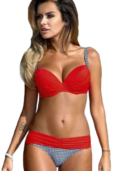 Sexy Red Padded Gather Push-up Bikini Set. SIZE S-XL