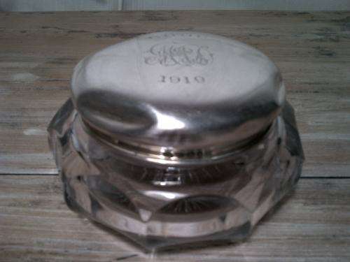 Antique 1918 glass powder bowl with solid silver lid