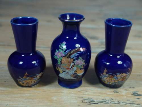 Set of three Vintage small Blue glazed Peacock Vases
