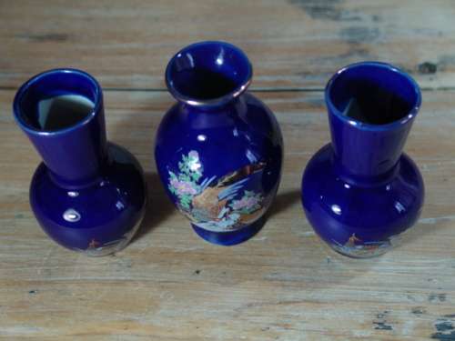 Set of three Vintage small Blue glazed Peacock Vases