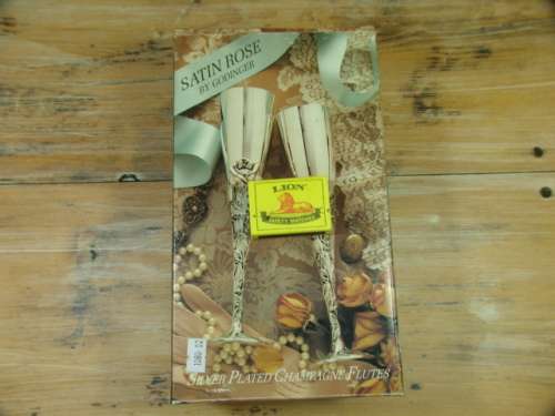 Vintage silver plated Champagne Flutes, Emess - satin rose by Godinger - mint in box
