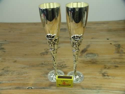 Vintage silver plated Champagne Flutes, Emess - satin rose by Godinger - mint in box