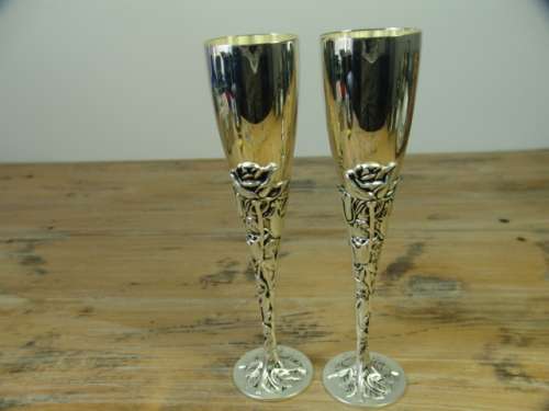 Vintage silver plated Champagne Flutes, Emess - satin rose by Godinger - mint in box