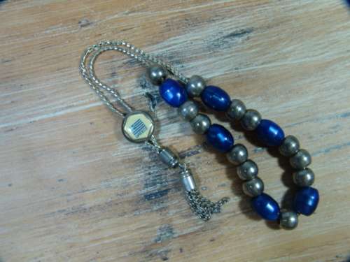 Vintage Blue and silver metal Beads on Silver Chain Necklace - Greece