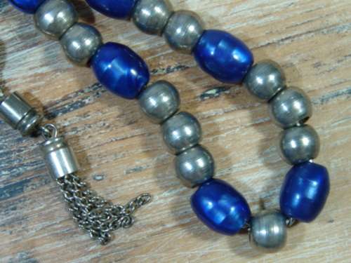 Vintage Blue and silver metal Beads on Silver Chain Necklace - Greece
