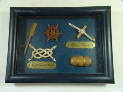 Vintage boxed frame marine figurines with rope knots and brass nameplates