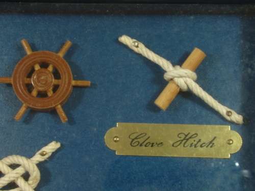 Vintage boxed frame marine figurines with rope knots and brass nameplates