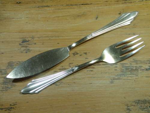 WMF, Nirosta fish Knives and Forks boxed set. Silverplate, 1930's, Germany, 12 piece, serves 6