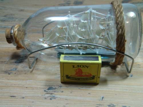 Sail Boat in a Bottle with metal wire stand, 18cm long, vintage 1960's