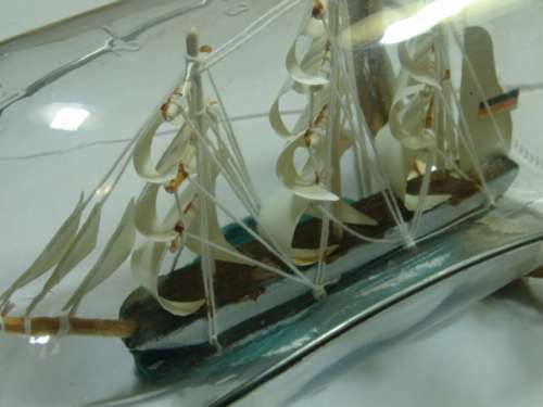 Sail Boat in a Bottle with metal wire stand, 18cm long, vintage 1960's