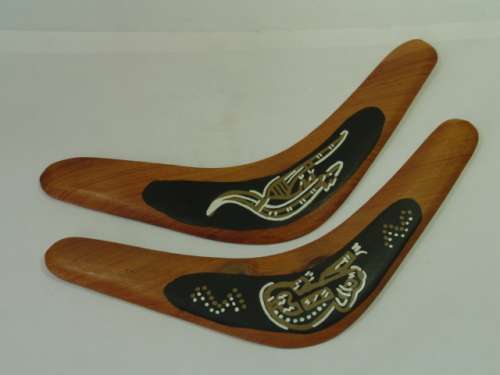 Pair of Australian wooden Boomerangs, decorated, vintage, functional