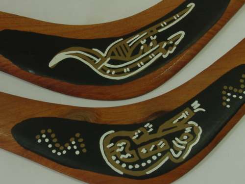 Pair of Australian wooden Boomerangs, decorated, vintage, functional
