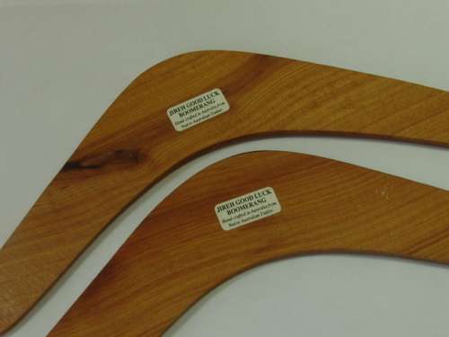 Pair of Australian wooden Boomerangs, decorated, vintage, functional