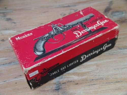 Very rare Derringer Table gas Lighter, metal Gun with wooden stand, early 1950's. Original