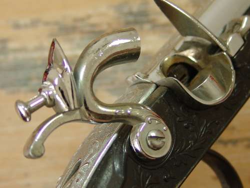 Very rare Derringer Table gas Lighter, metal Gun with wooden stand, early 1950's. Original