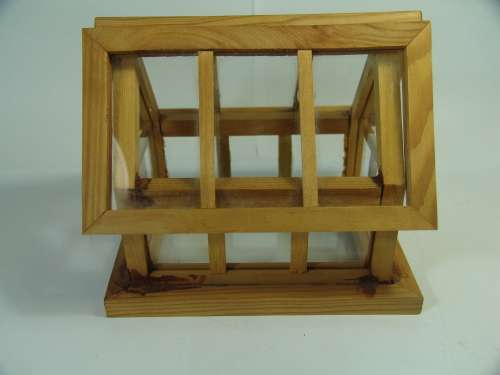 Vintage glass and wood display box in the shape of a house, 14cm x 12cm