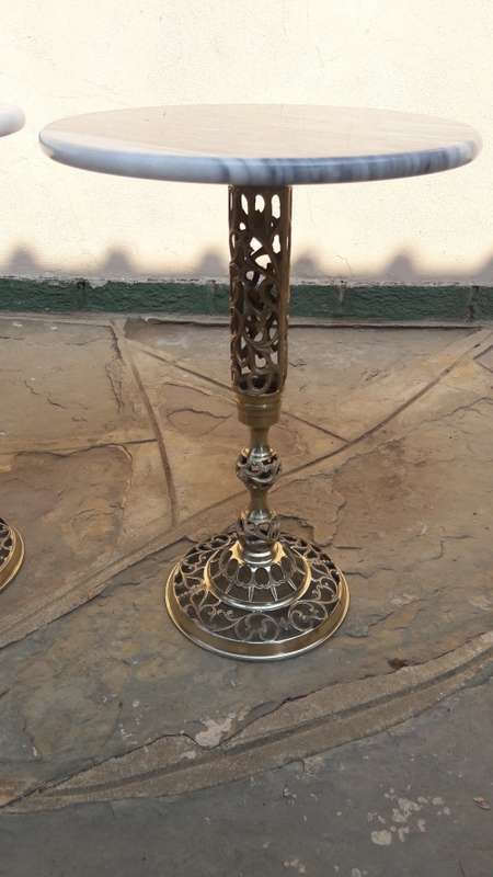 Set of two vintage retro Brass side tables with Marble tops, from the 1950's (2)