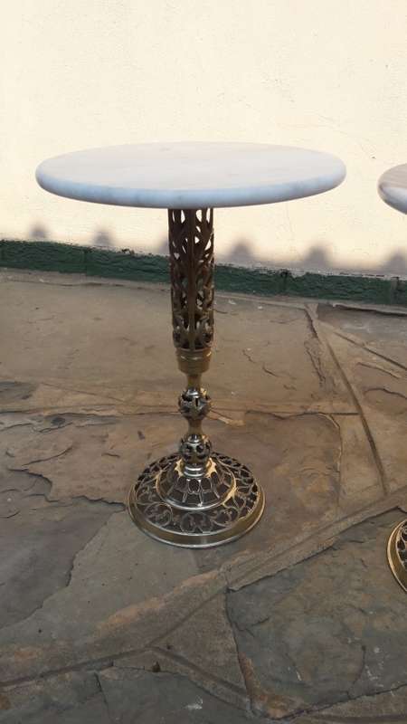 Set of two vintage retro Brass side tables with Marble tops, from the 1950's (2)