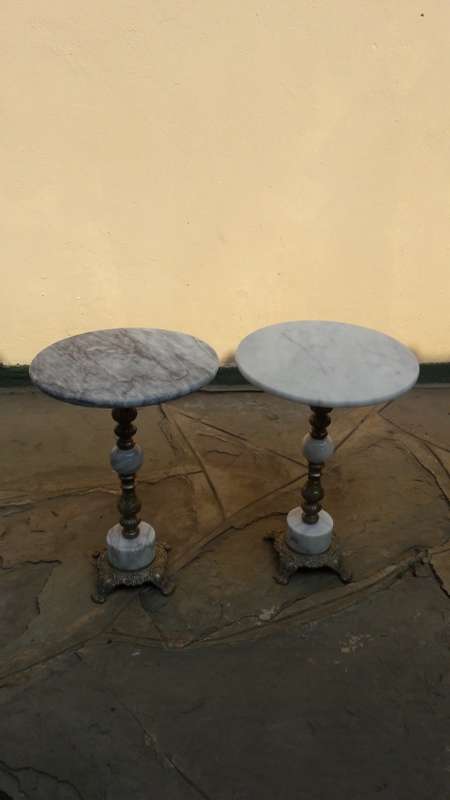 Set of two vintage Brass and Marble side tables with Marble tops, from early to mid 1900's (2)
