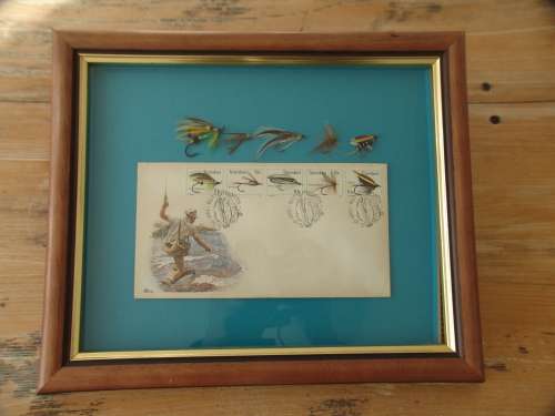 Vintage 1981 set of two Framed Transkei fly fishing first day covers with matching Trout flies