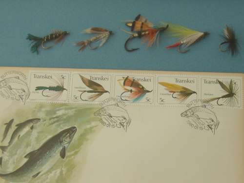 Vintage 1981 set of two Framed Transkei fly fishing first day covers with matching Trout flies