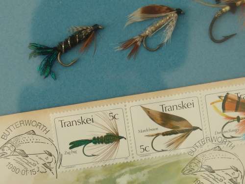 Vintage 1981 set of two Framed Transkei fly fishing first day covers with matching Trout flies