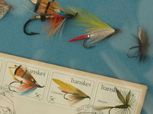 Vintage 1981 set of two Framed Transkei fly fishing first day covers with matching Trout flies