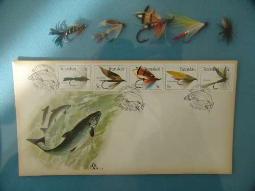 Vintage 1981 set of two Framed Transkei fly fishing first day covers with matching Trout flies