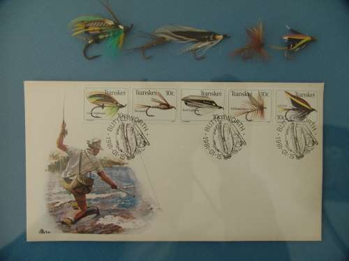 Vintage 1981 set of two Framed Transkei fly fishing first day covers with matching Trout flies
