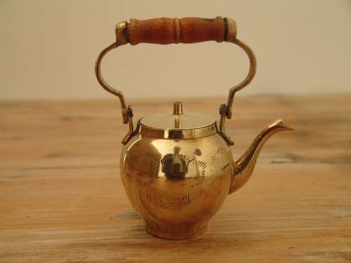 Small brass Kettle with wooden handle and lid, vintage - 13cm high