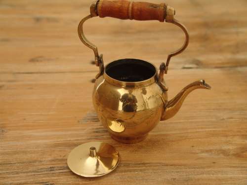 Small brass Kettle with wooden handle and lid, vintage - 13cm high