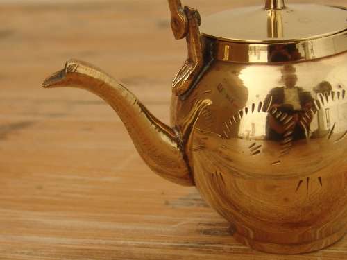 Small brass Kettle with wooden handle and lid, vintage - 13cm high