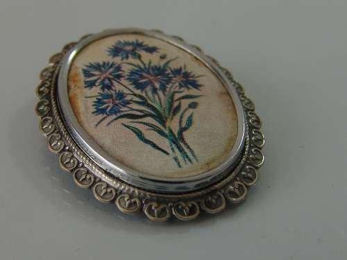 Antique Thomas L Mott oval silver metal Brooch, hand painted - 5cm x 4cm